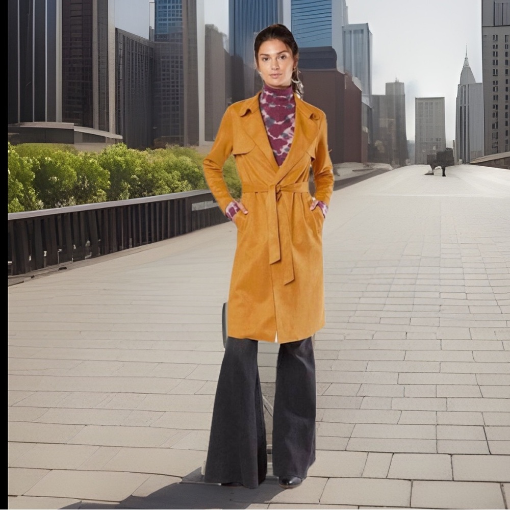 HYFVE Mustard Faux Suede Trench Jacket W/Raw Edged Lined Flyaway Jacket